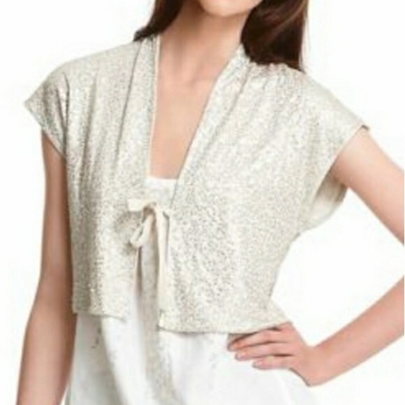 Eileen Fisher Cropped Silk Tie-Front Bolero Jacket Hand-Sewn Beaded Large - Picture 1 of 14